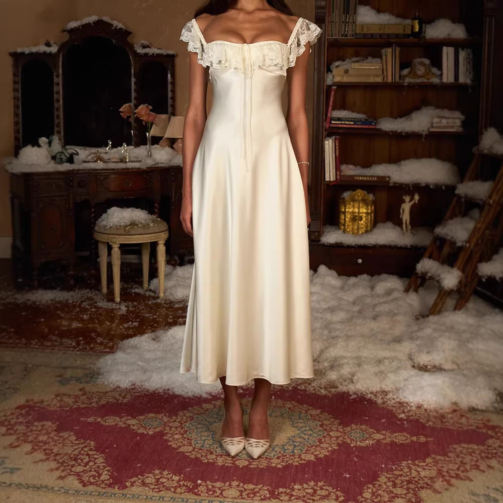 Damen Elegantes bodenlanges Kleid mit Spitzenbesatz Drune