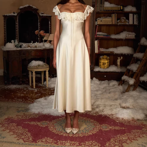 Damen Elegantes bodenlanges Kleid mit Spitzenbesatz Drune