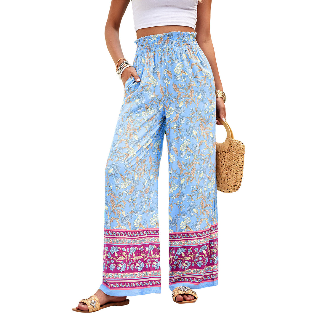 Damen nan weite Palazzohose mit gerafftem Bund, seitlichen Eingrifftaschen und floraler Boho-Print Drune