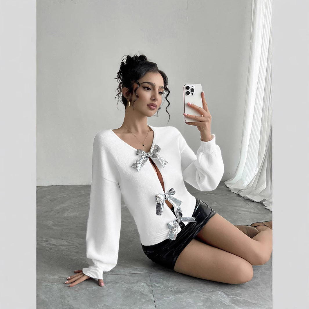 Damen modischer Strickpullover mit Glitzer-Schleifen Drune