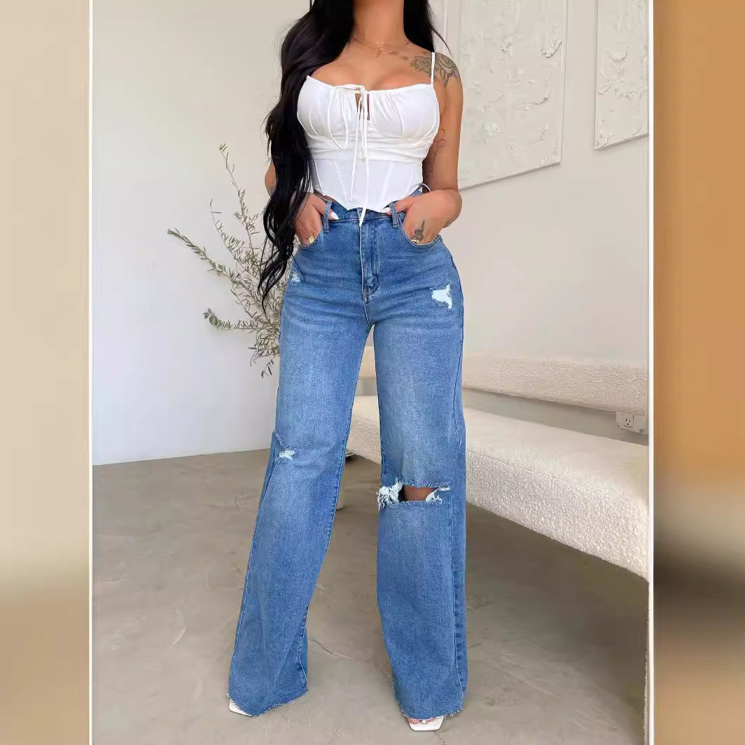 Damen Weit geschnittene Jeans mit distressed Details und hohem Bund Drune