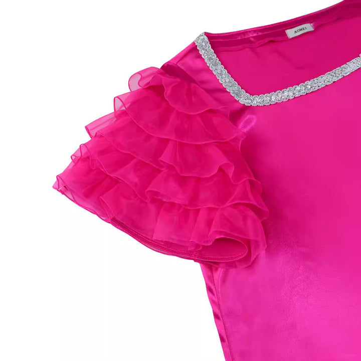 Damen festliches Minikleid mit voluminösen Rüschensäumen und glitzerndem Ausschnitt Drune
