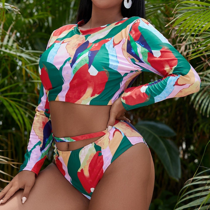 Damen Sportliches Langarm Bikini-Set mit kreativem Mustermix Drune