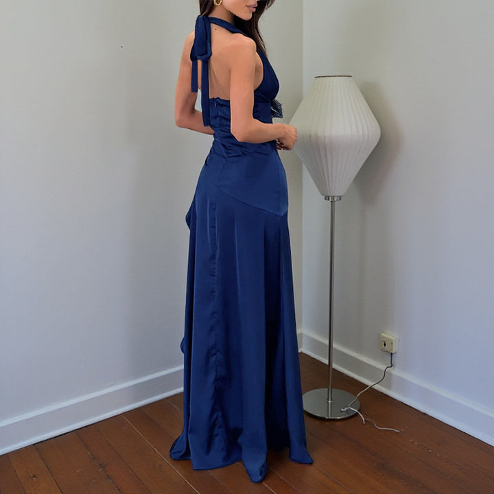 Damen schickes Maxi-Kleid mit tiefem V-Ausschnitt und fließendem Rüschenrock Drune
