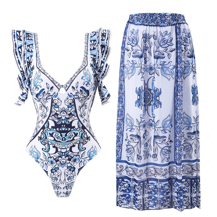 Damen Badeanzug-Set mit voluminösen Rüschendetails und elegantem Wickelrock Drune