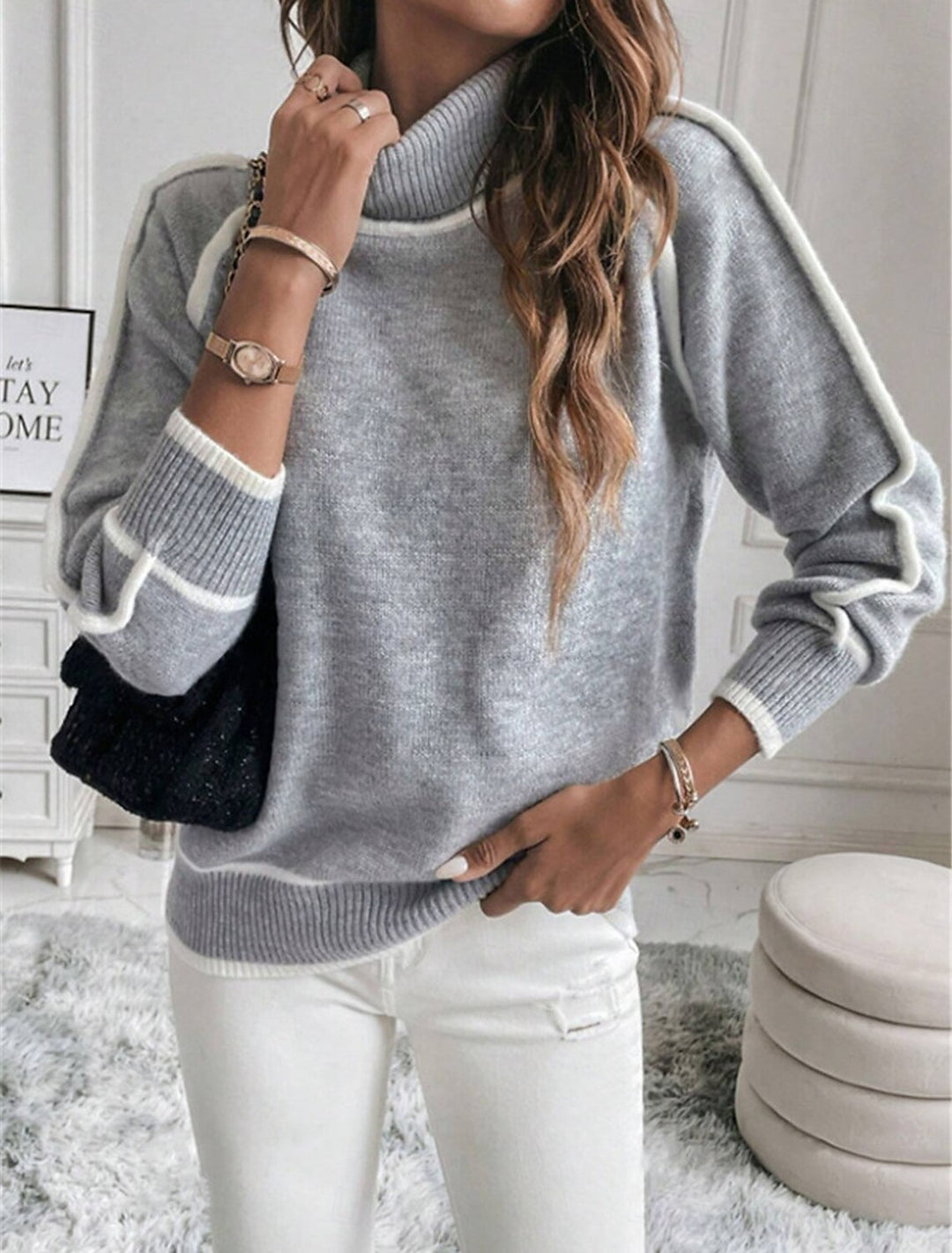 Damen lässiger Rollkragenpullover mit kontrastierenden Details Drune