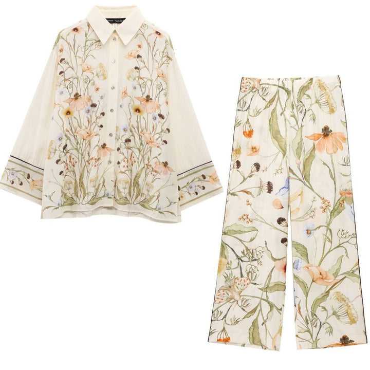 Damen nan weite Leinenhose mit hohem Bund, Palazzoschnitt und floraler Aquarell-Print Drune