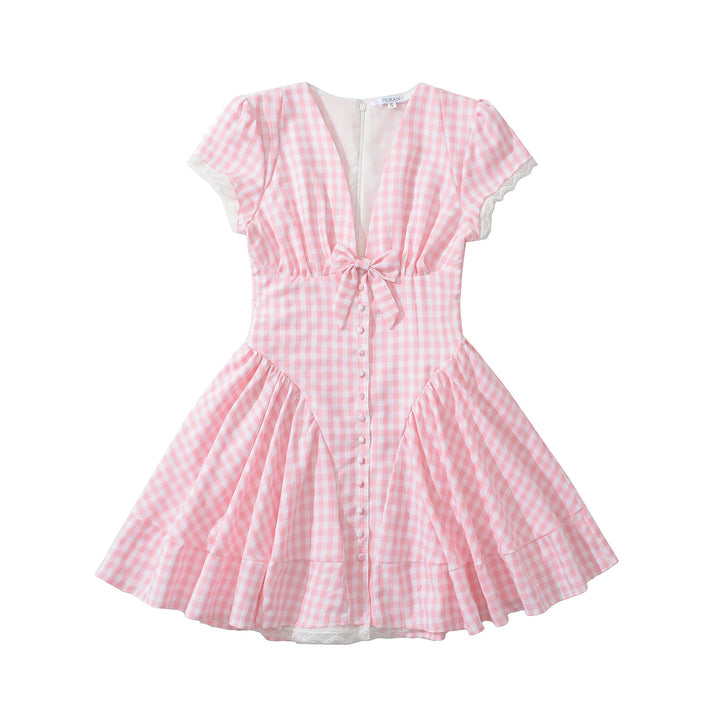Damen Karodress mit verspieltem Taillengürtel und Rüschendetails Drune