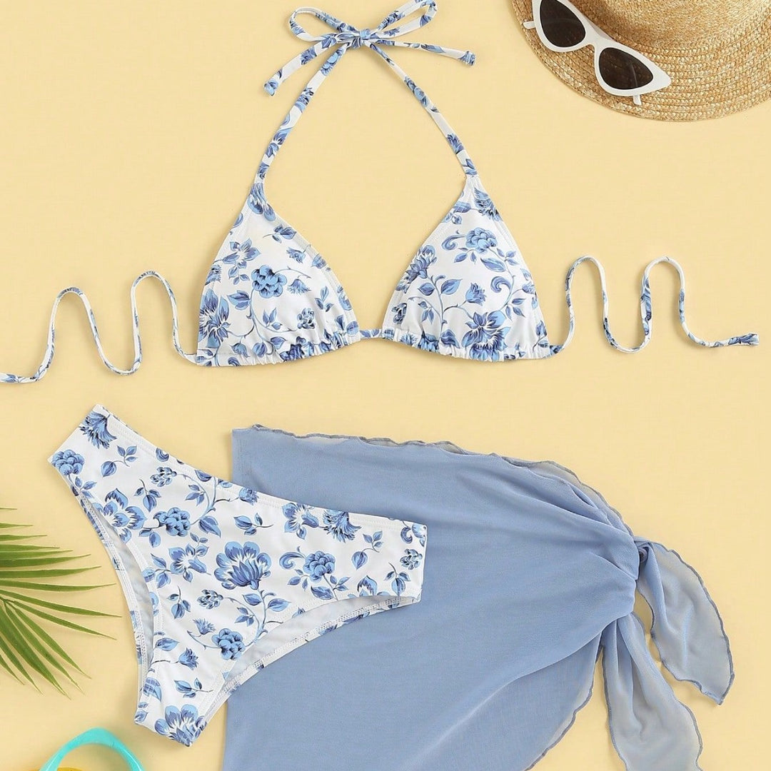 Damen Triangel-Bikini-Set mit romantischem Blumenmuster und eleganter Pareo Drune