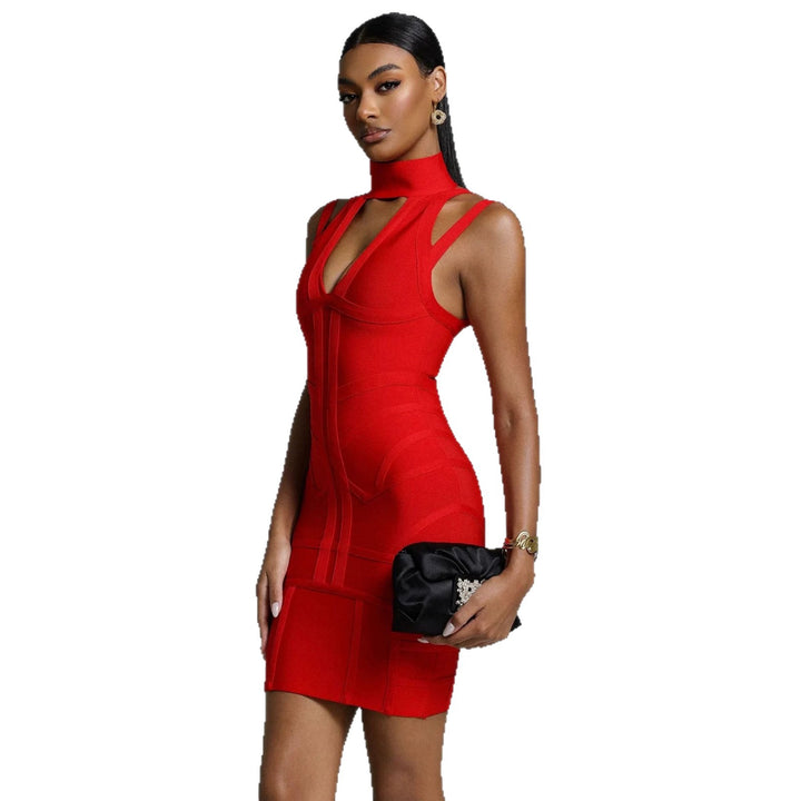 Damen Figurbetontes Minikleid mit hochgeschlossenem Ausschnitt und raffinierten Cut-Outs Drune