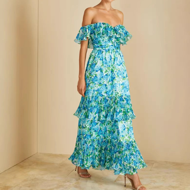 Damen maxi Kleid mit voluminösen Rüschendetails und floralem Design Drune