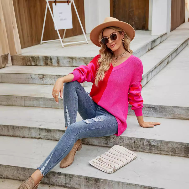 Damen farbenfroher Pullover im modischen Blockfarben-Design mit Leopardenmuster Drune