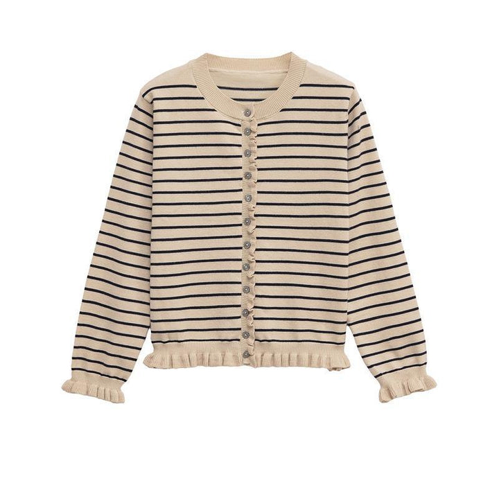 Damen Strickjacke mit verspieltem Rüschensaum und Knopfdetails Drune