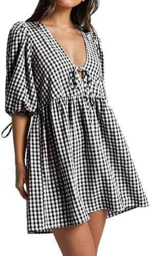 Damen Freizeitkleid mit V-Ausschnitt und Puffärmeln Drune