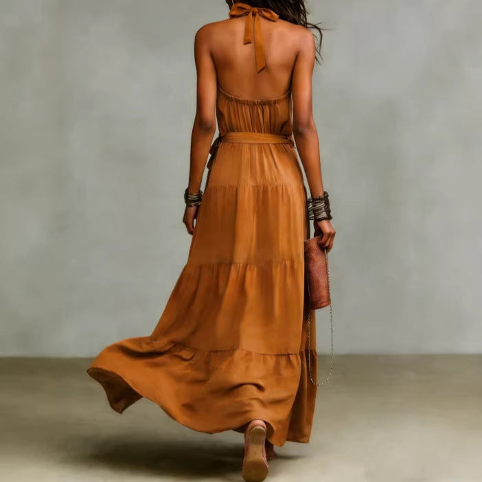Damen Maxikleid mit tiefem Rückenausschnitt und Taillengürtel Drune