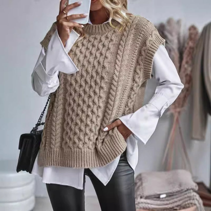 Damen Modischer Strickpullover mit luxuriösem Zopfmuster und ärmelloser Gestaltung Drune