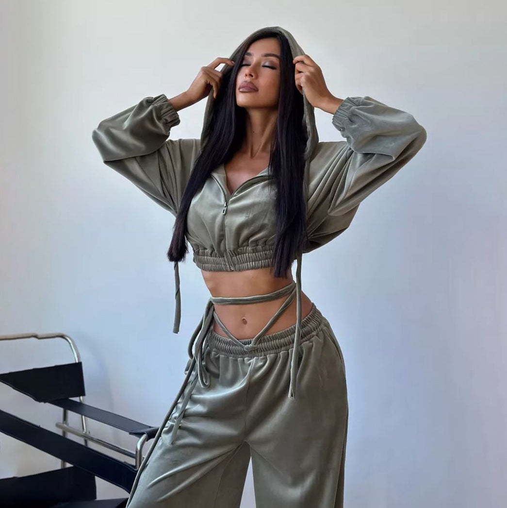 Damen Lässiges Sportanzug-Set mit Kapuzenoberteil und weitem Hosenstil Drune