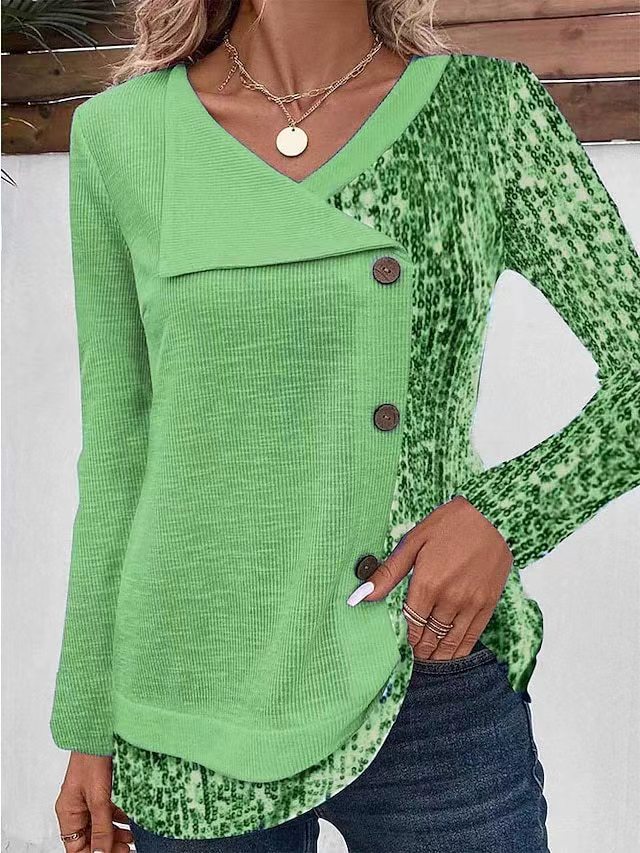 Damen Modisches Langarmshirt mit asymmetrischem Kragen und dekorativen Knopfdetails Drune