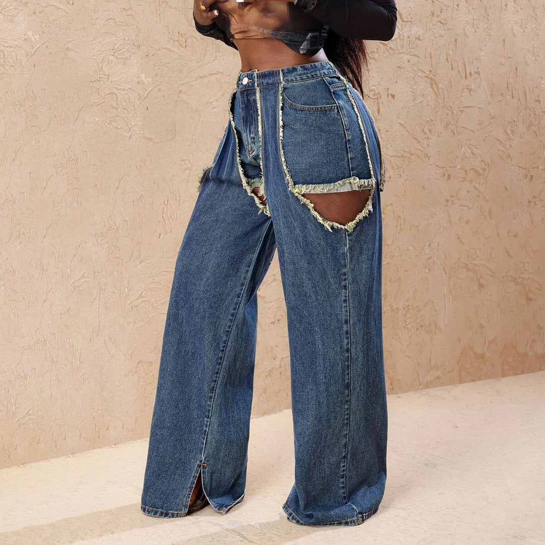 Damen Distressed Wide-Leg-Jeans mit Cut-Out-Details Drune