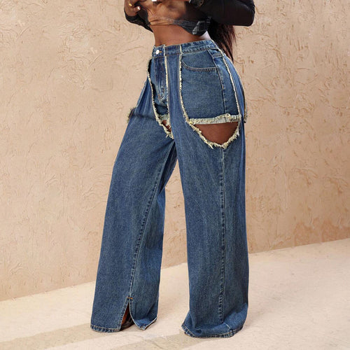 Damen Distressed Wide-Leg-Jeans mit Cut-Out-Details Drune