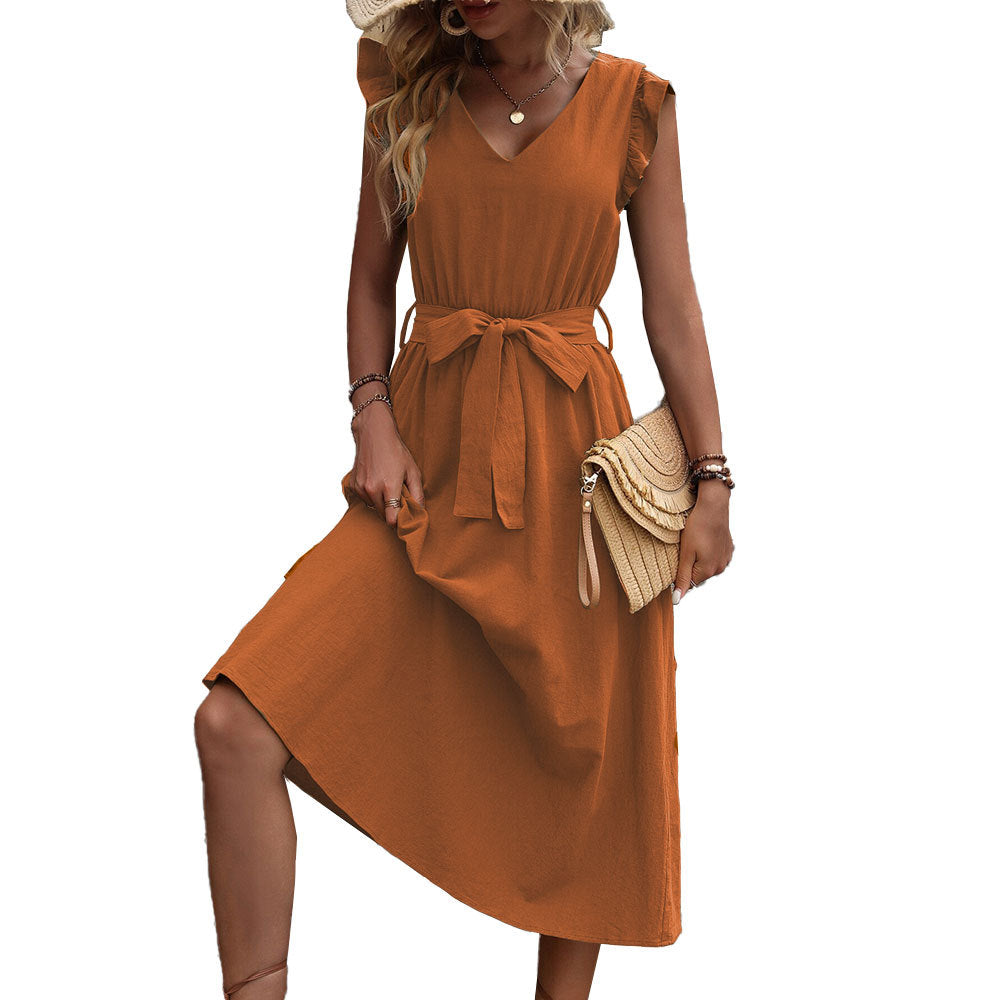Damen Maxikleid mit v-Ausschnitt und Taillengürtel Drune