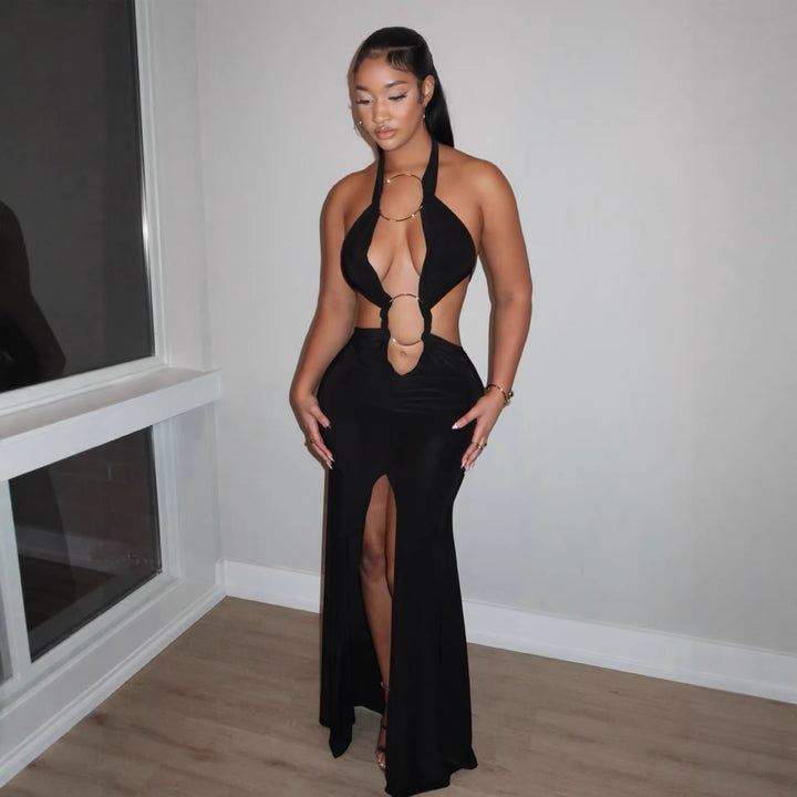 Damen aufregendes Maxikleid mit tiefem V-Ausschnitt und eleganten Raffungselementen Drune