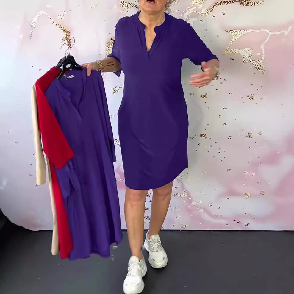 Damen nan knielanges legeres Jerseykleid mit Stehkragen und V-Ausschnitt Drune