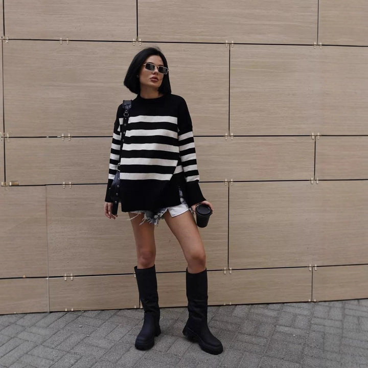 Damen Oversized Strickpullover mit modernem Streifenmuster und hohem Kragen Drune