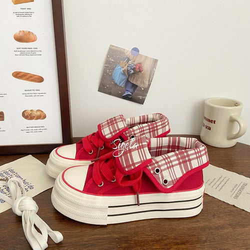 Damen Plateau Sneakers mit verspieltem Karomuster und praktischer Schnürung Drune