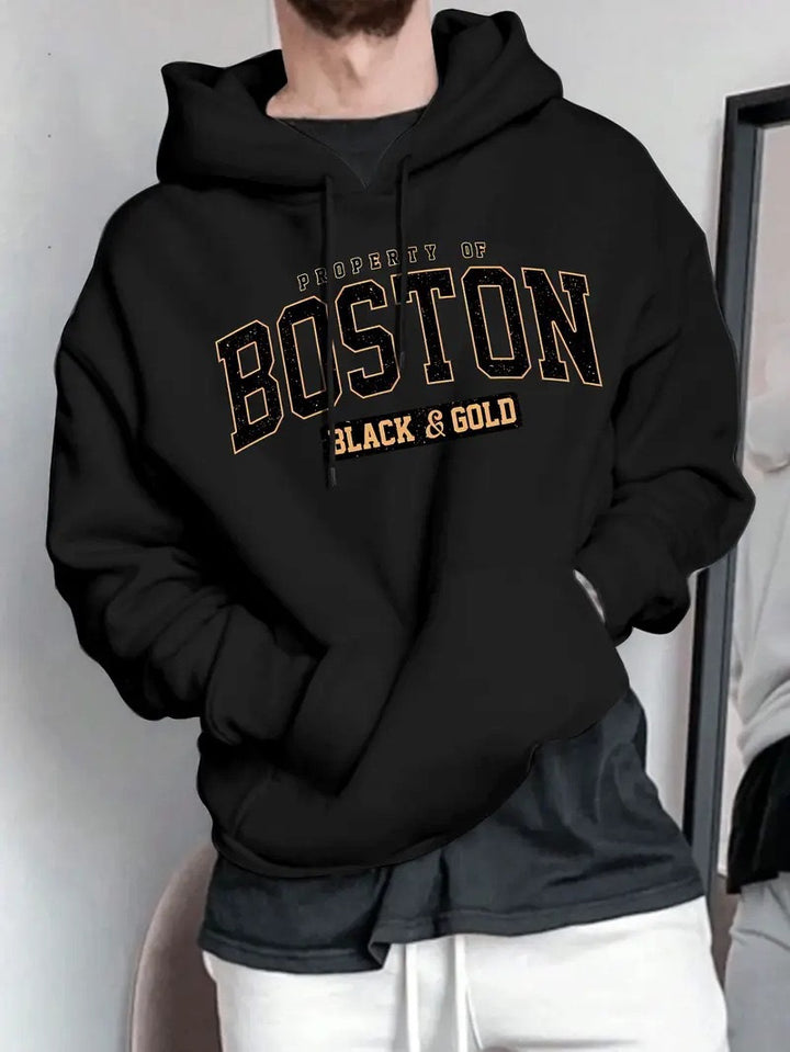Herren Kapuzensweater mit auffälligem Boston-Print und weicher Innenseite Drune