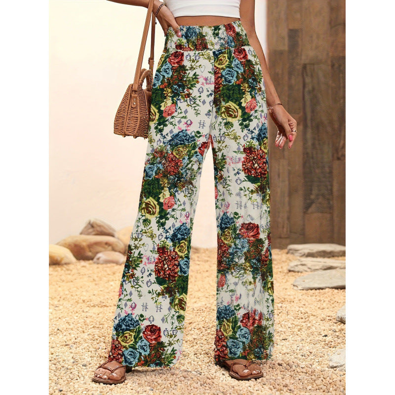 Damen Weite Blumenmuster-Hose mit elastischem Bund und hohem Taillenschnitt Drune