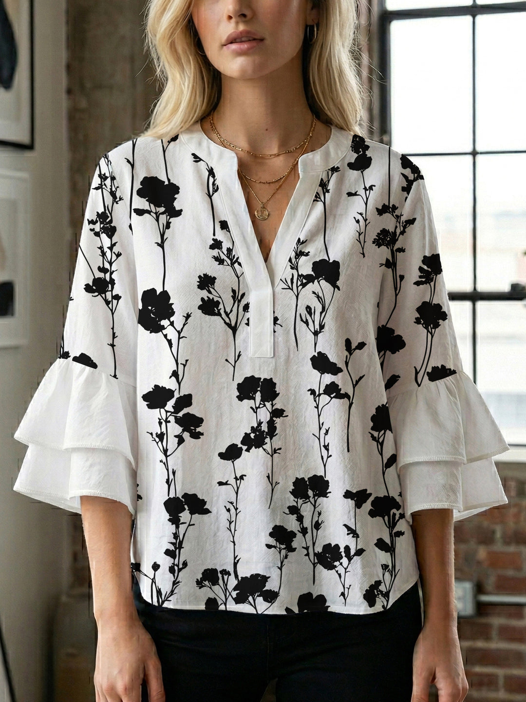 Damen lässige Bluse mit Volantärmeln und botanischem Druck Drune