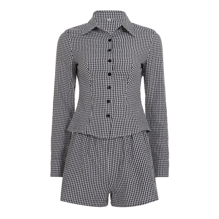 Damen nan zweiteiliges Vichy-Set aus taillierter Blusenjacke mit Wiener Nähten und Highwaist-Shorts Drune