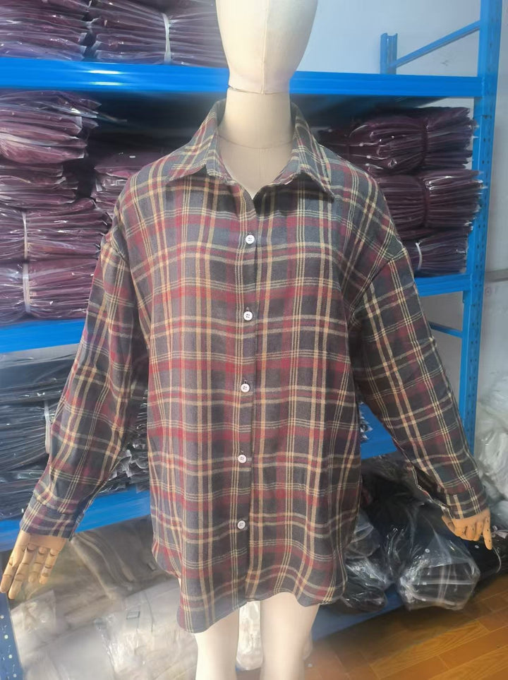 Damen Karobluse aus bequemer Baumwolle mit Button-Down-Kragen und langem Arm Drune