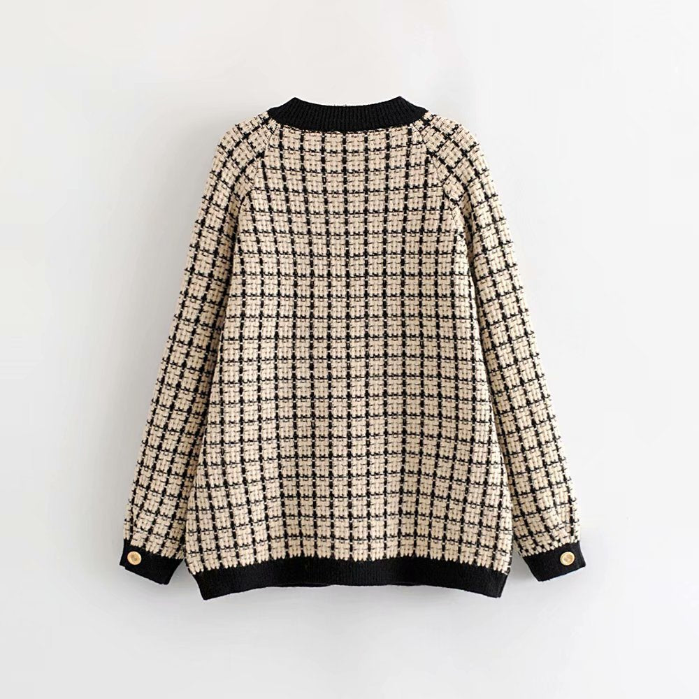 Damen Strickjacke mit Modischem Karomuster und Knopfdetails Drune