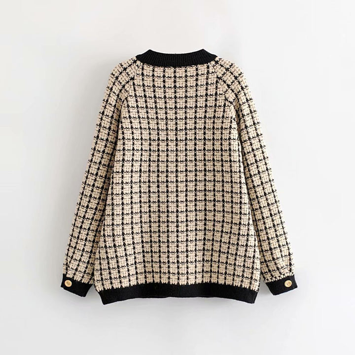 Damen Strickjacke mit Modischem Karomuster und Knopfdetails Drune