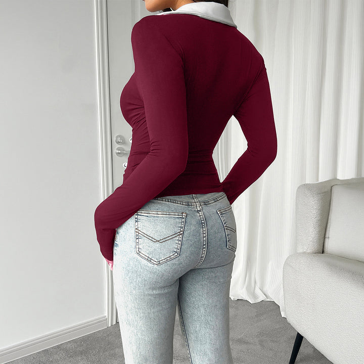 Damen nan tailliertes Longsleeve mit kontrastpolokragen und tiefem V-Ausschnitt Drune