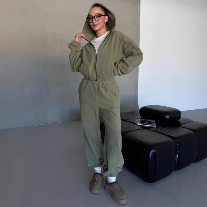 Damen stylisches Fleece-Loungewear-Set mit cropped Jacke und bequemen Jogginghosen Drune
