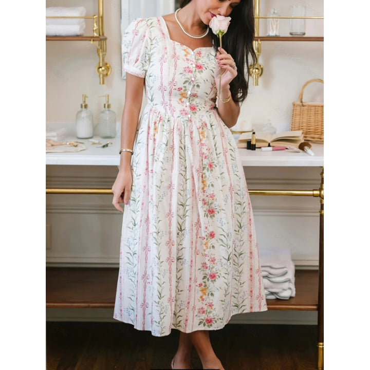 Damen Maxikleid mit floralem Design und langen Puffärmeln Drune