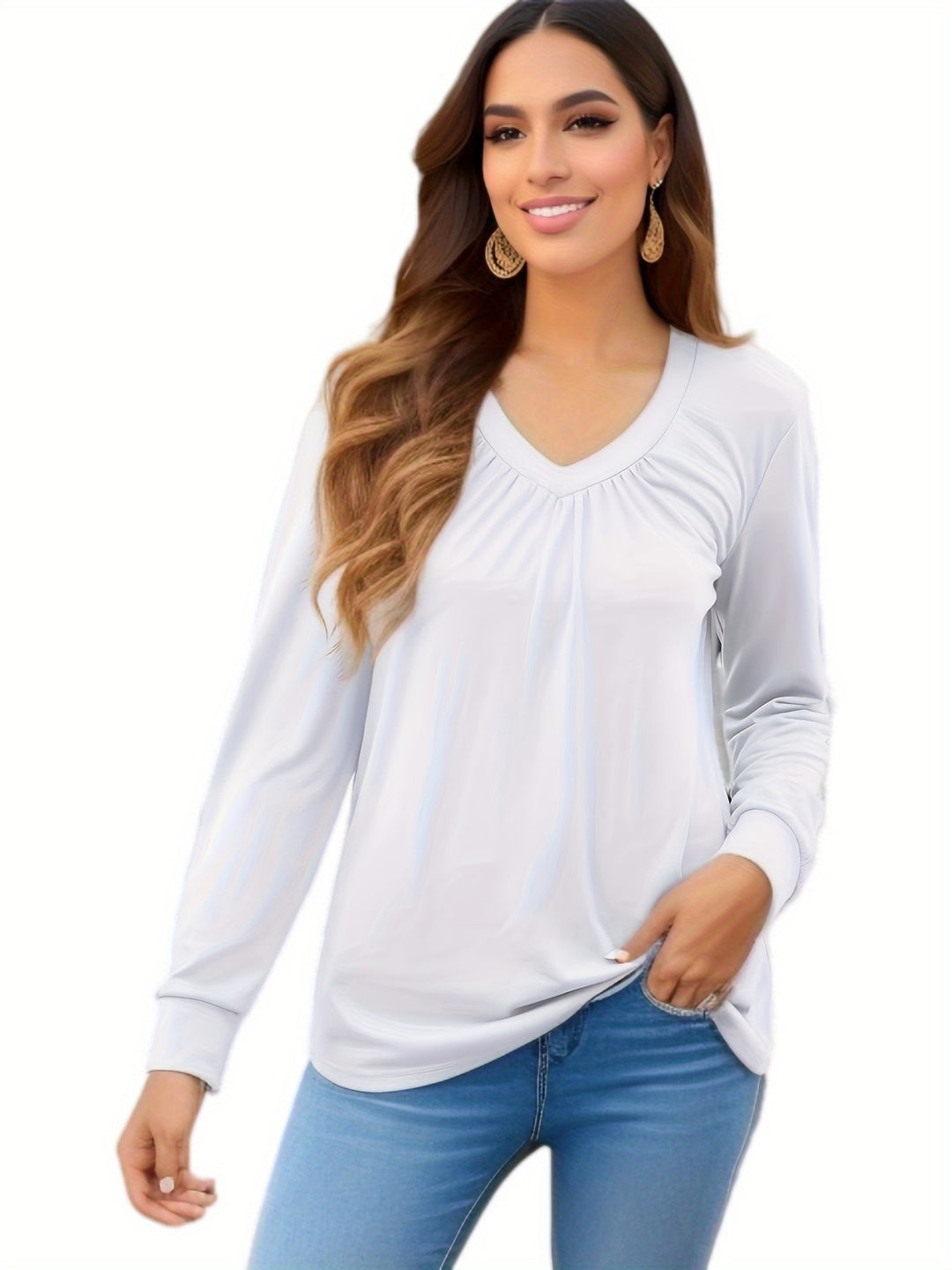 Damen V-Ausschnitt Langarmshirt mit geschmackvollem Faltenwurf und lässiger Passform Drune