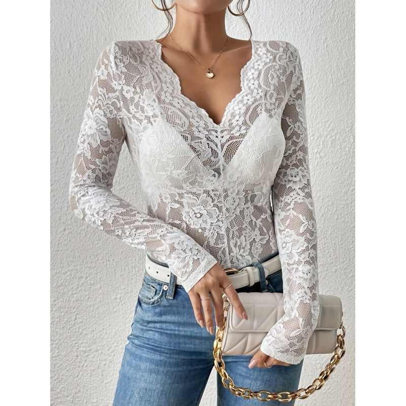Damen Spitzen-Bodysuit mit tiefem V-Ausschnitt und transparenten Ärmeln Drune