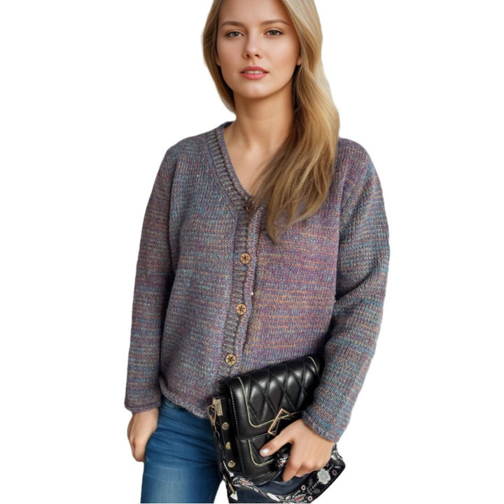 Damen Strickjacke mit kreativem Farbmuster und goldenen Knöpfen Drune