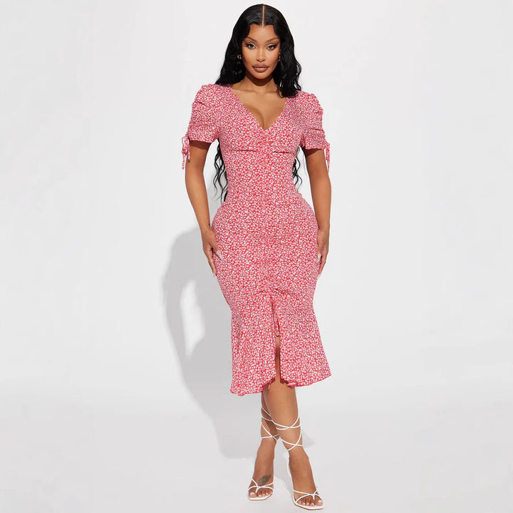 Damen Midi-Kleid mit floralen Mustern und luftigen Rüschendetails Drune