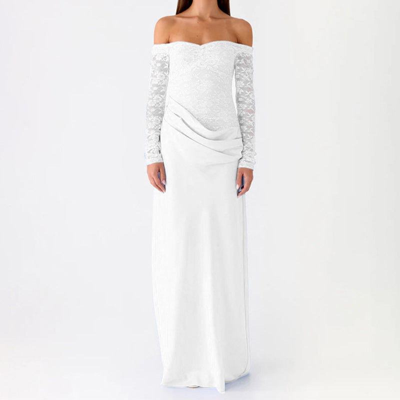Damen Elegantes Hochzeitskleid mit schulterfreiem Ausschnitt und Spitzenärmeln Drune