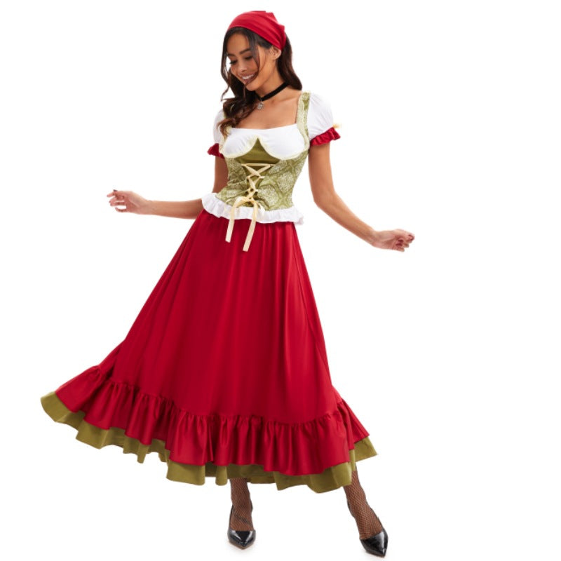 Damen nan sexy bayerisches Dirndl Kostüm mit geschnürtem Mieder Puffärmeln und mehrlagigem Stufenrock Drune