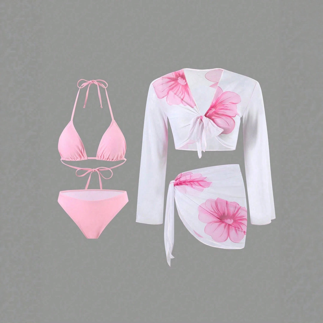 Damen Bikini-Set mit floralem Wickeltuch und langärmliger Oberteile Drune