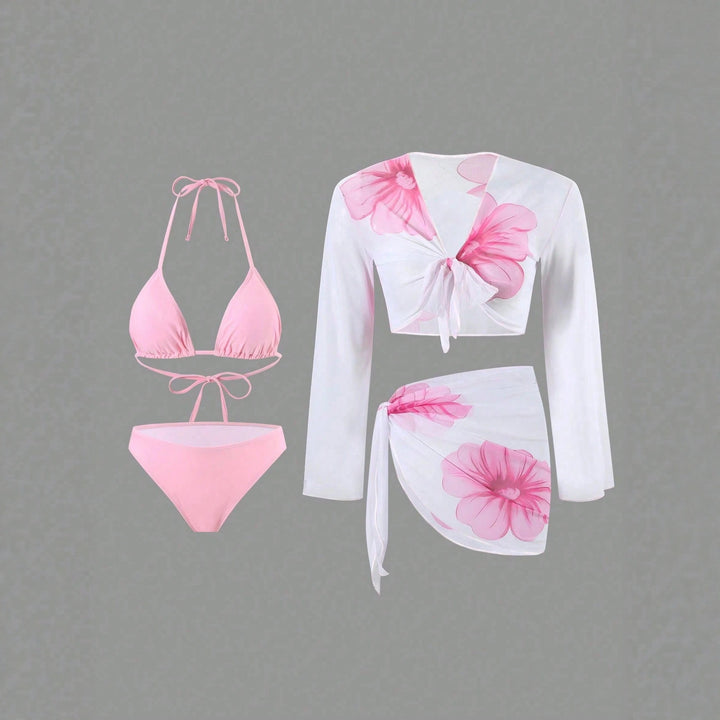 Damen Bikini-Set mit floralem Wickeltuch und langärmliger Oberteile Drune