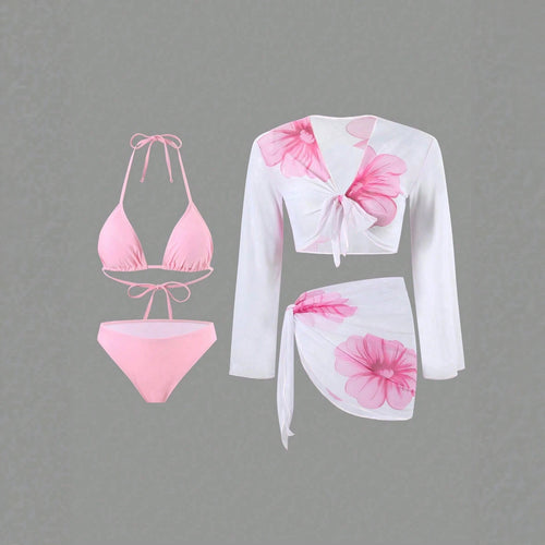 Damen Bikini-Set mit floralem Wickeltuch und langärmliger Oberteile Drune