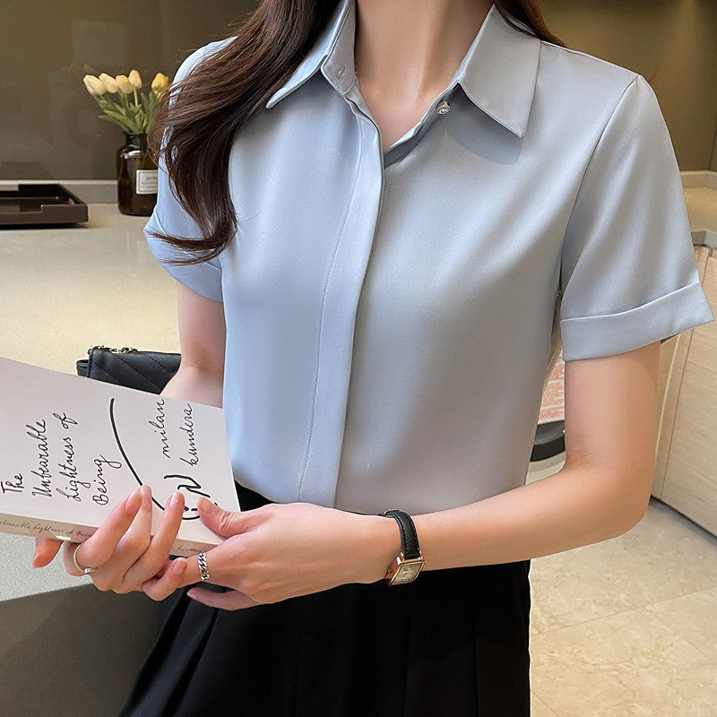 Damen Kurzarm Bluse aus satinierter Baumwolle mit eleganter Knopfleiste Drune