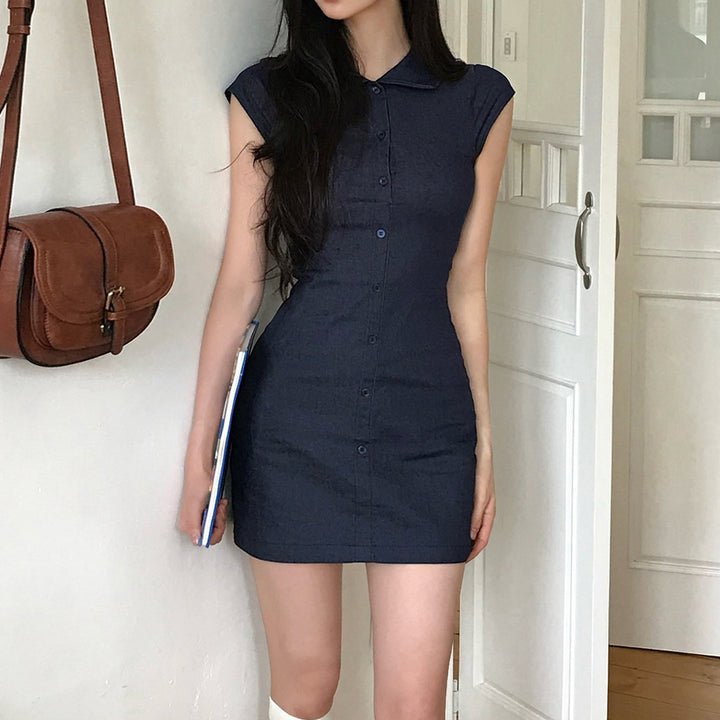 Damen Figurbetontes Hemdkleid mit kurzen Ärmeln und klassischem Kragen Drune